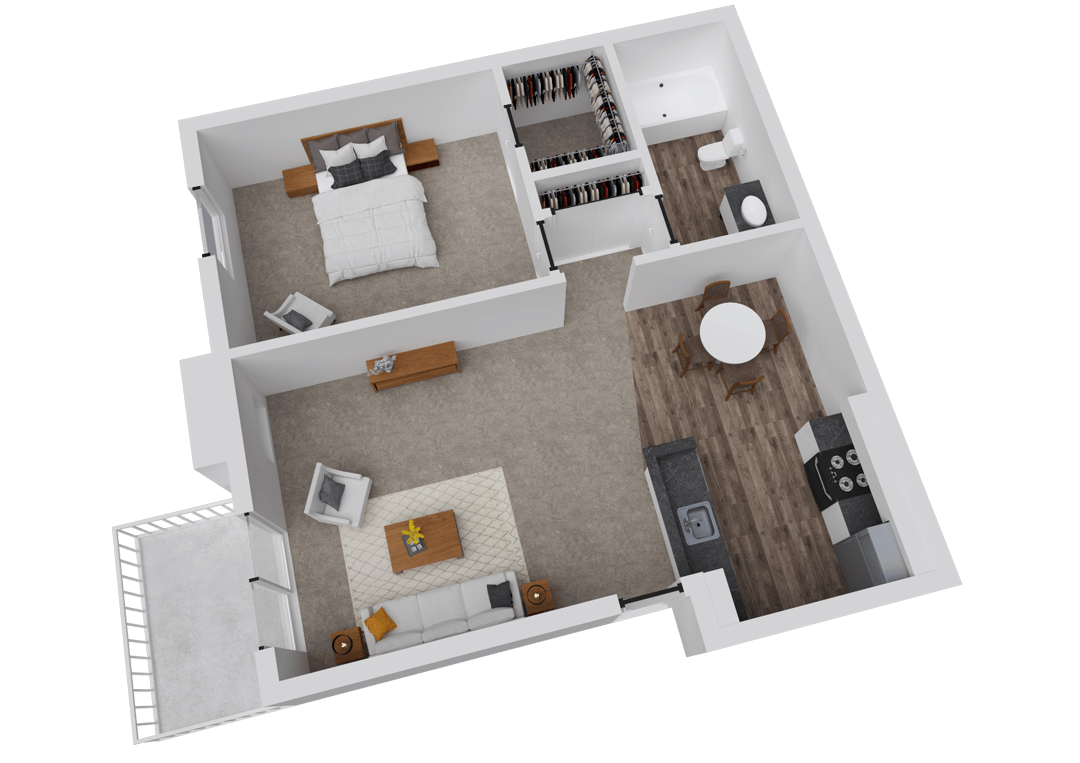 A 3D image of the Catalina floorplan, a 700 squarefoot, 1 bed / 1 bath unit