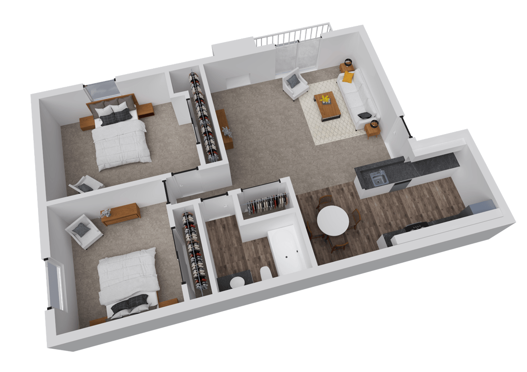 A 3D image of the Laguna floorplan, a 950 squarefoot, 2 bed / 1 bath unit