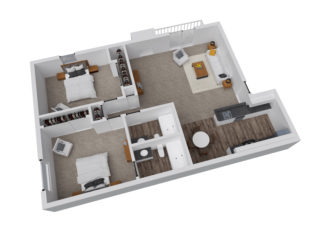 A 3D image of the Malibu floorplan, a 1000 squarefoot, 2 bed / 2 bath unit