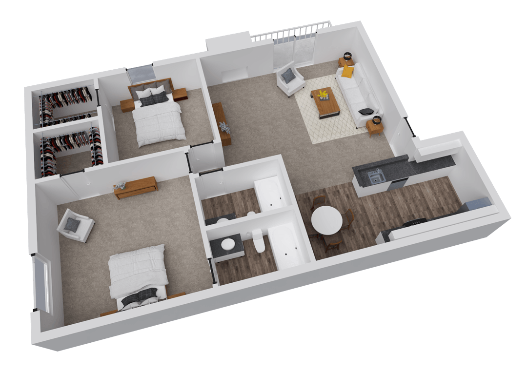 A 3D image of the Newport floorplan, a 1000 squarefoot, 2 bed / 2 bath unit